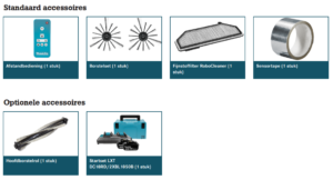 Bijgeleverde en optionele accessoires voor de 18 Volt Makita robotstofzuiger DRC200Z