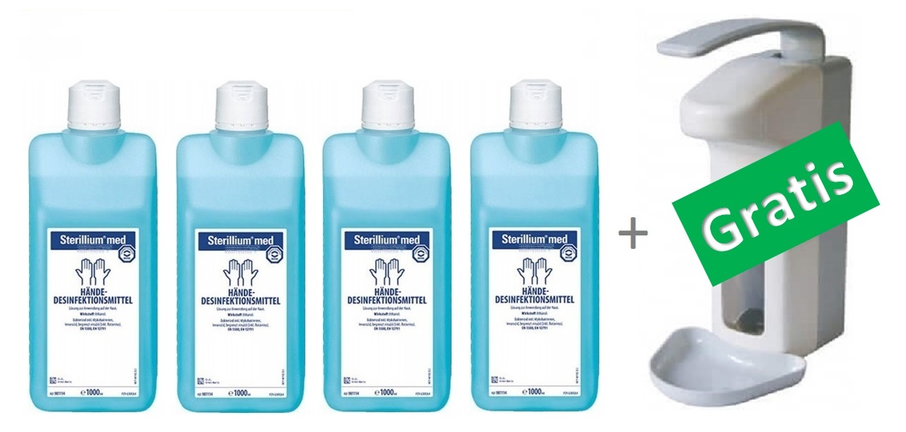 4x1 liter sterillium med +gratis elleboogdispenser kunststof